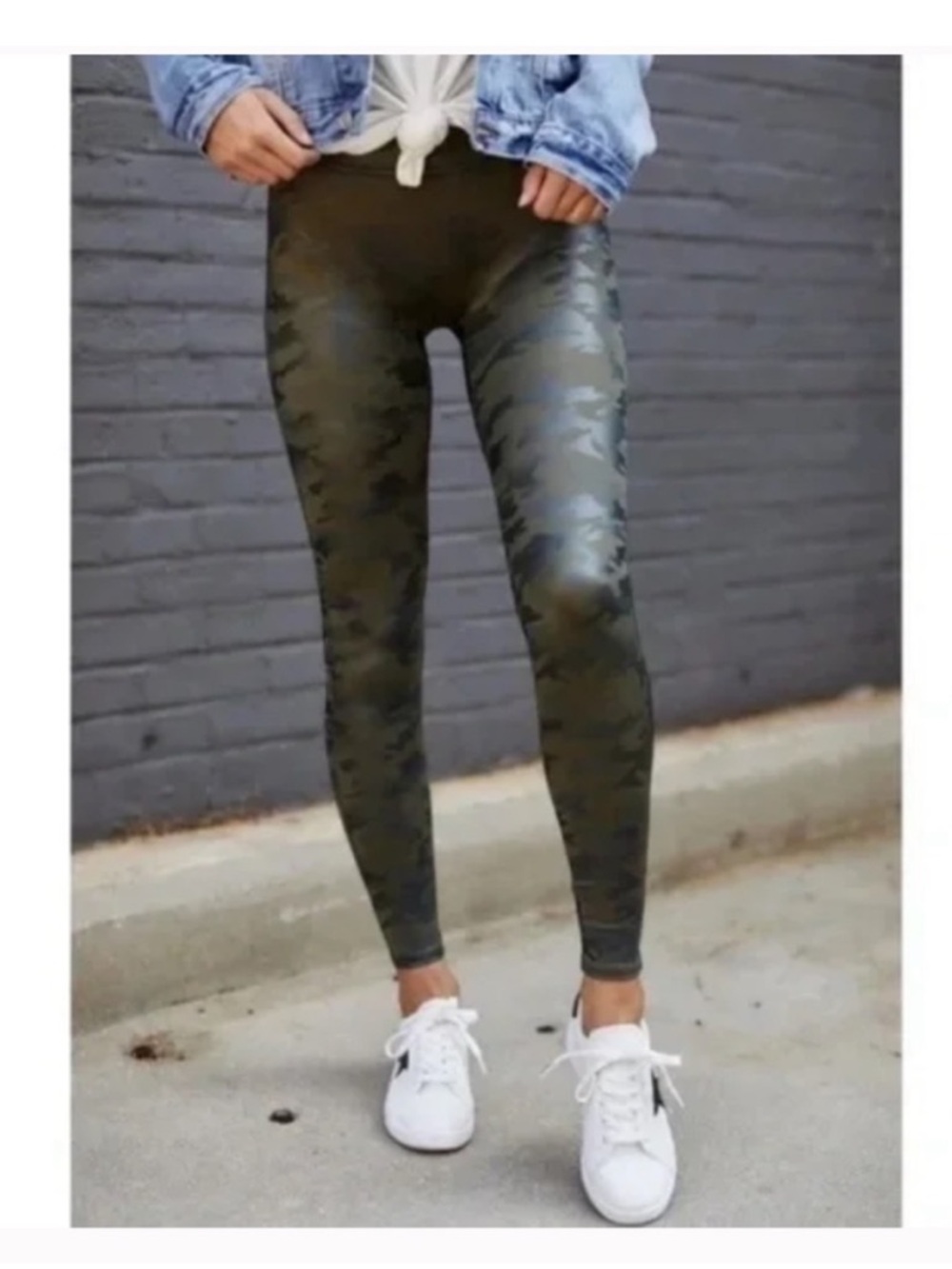 SPANX Faux Leather Camo Leggings Green High Rise Power Waistband Size S